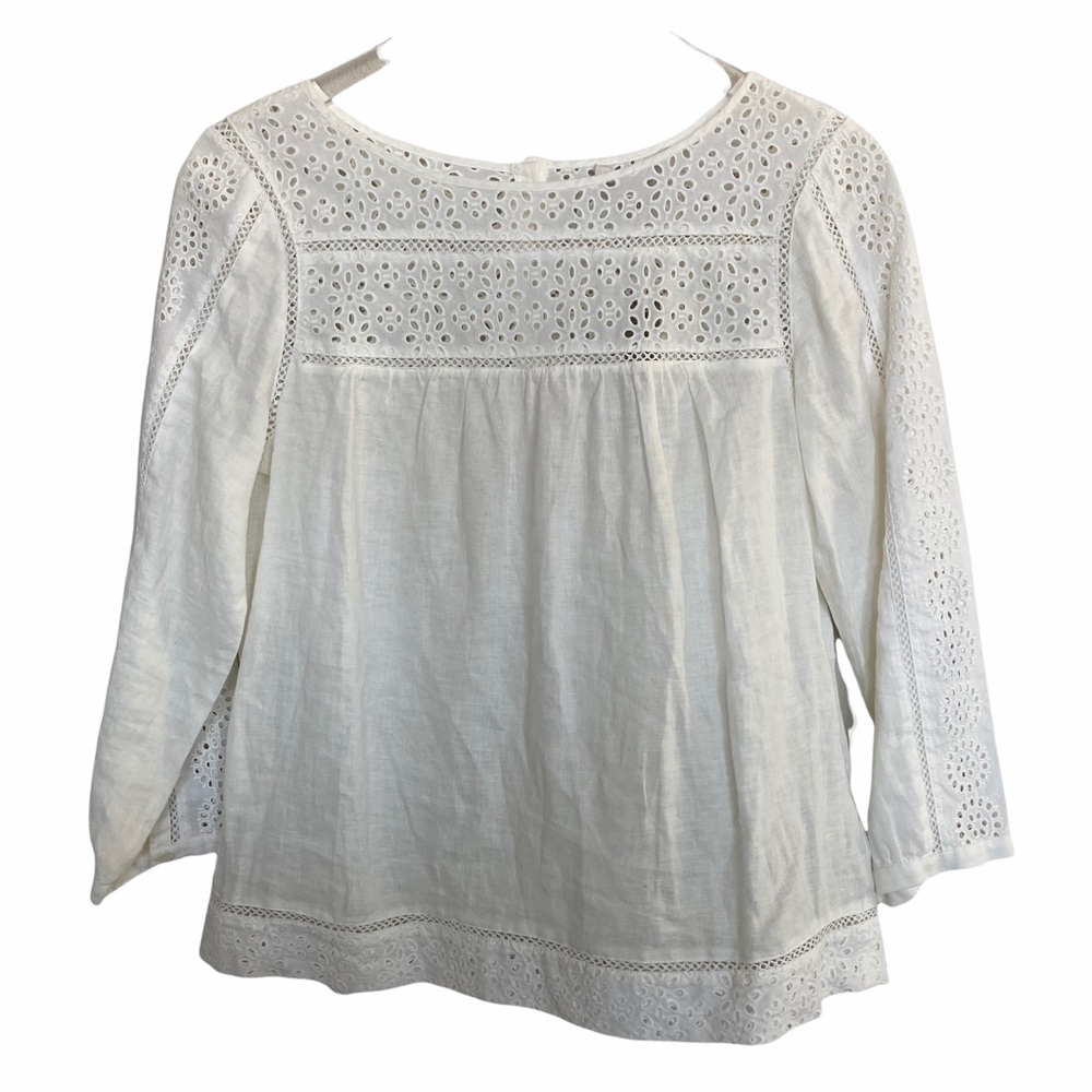 J Crew White Eyelet Long Sleeve Linen Blouse